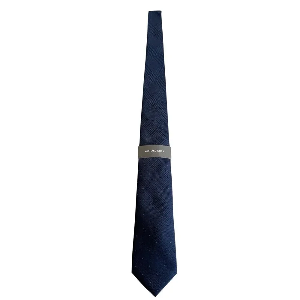 NWT Michael Kors Blue Dotted Glen Check Silk Blend Necktie Tie